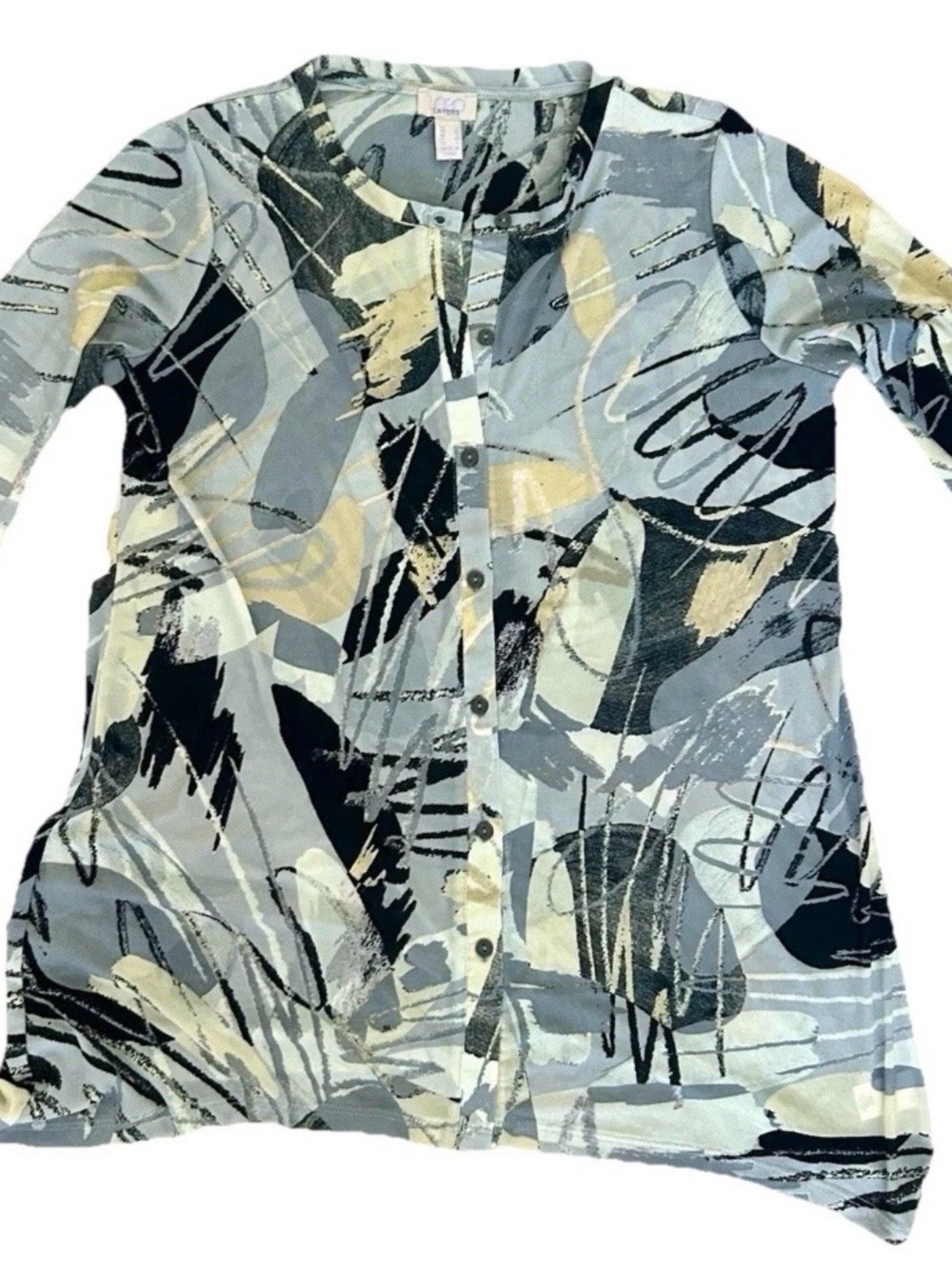 LOGO Layers Printed Top in Light Blue, Gray & Cream Sz S